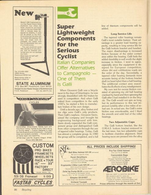 <------ Bicycling Magazine 09-1979 ------> Super Lightweight Components - Part 2 - Galli