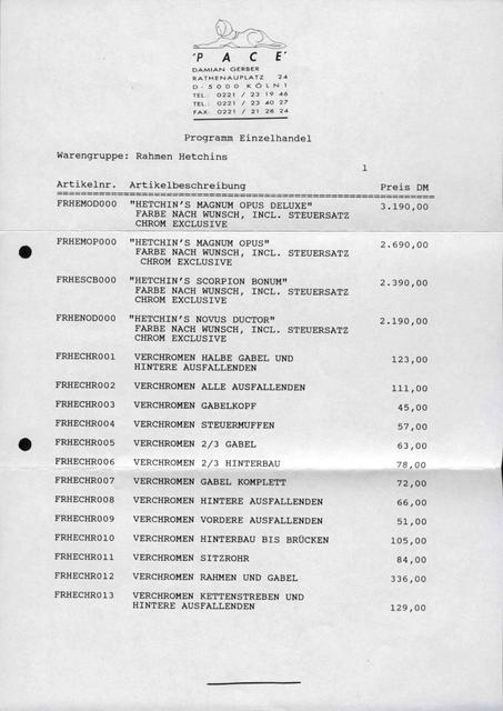 Hetchin's price list (1988)