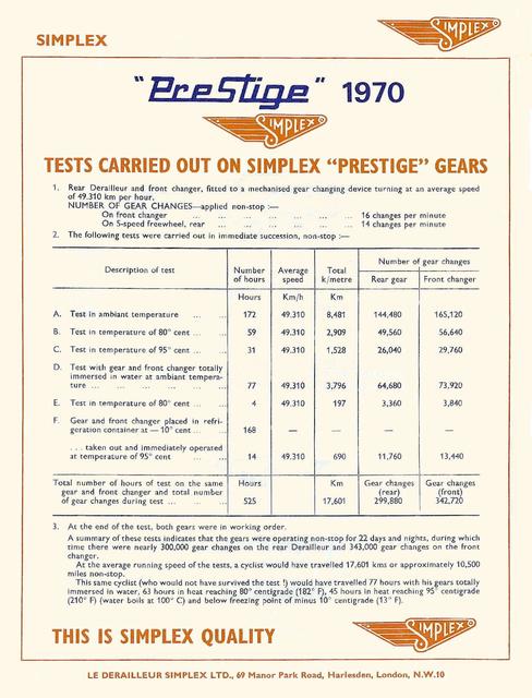Simplex Prestige rear derailleur test data (1970)