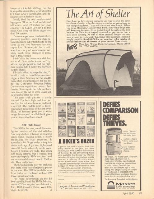 <------ Bicycling Magazine 04-1980 ------> Road Testing A Five Speed Hub