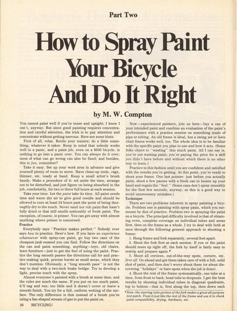 <------ Bicycling Magazine 10-1976 ------> How To Spray Paint Your Bicycle - Part 2