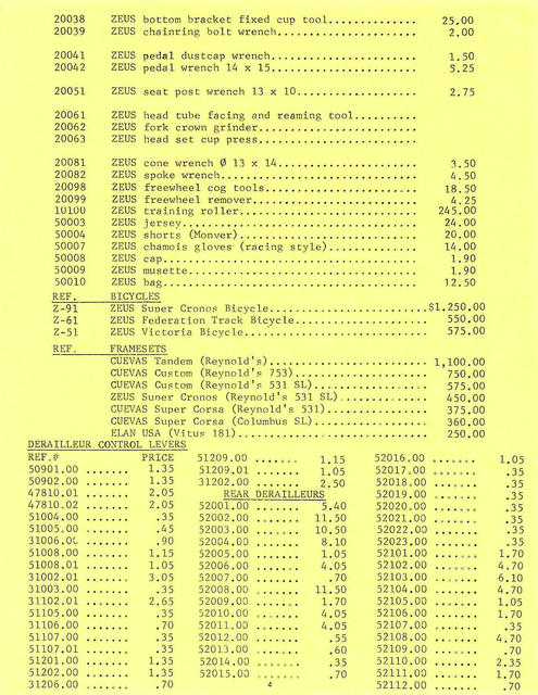 Zeus Cyclery (USA) retail price list (1982)