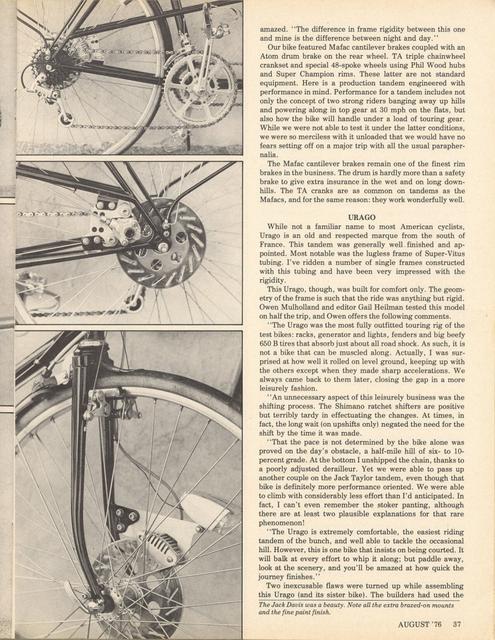 <------ Bicycling Magazine 08-1976 ------> Top 5 Tandems - Jack Davis / Urago / Gitane / Jack Taylor / Southern Cross