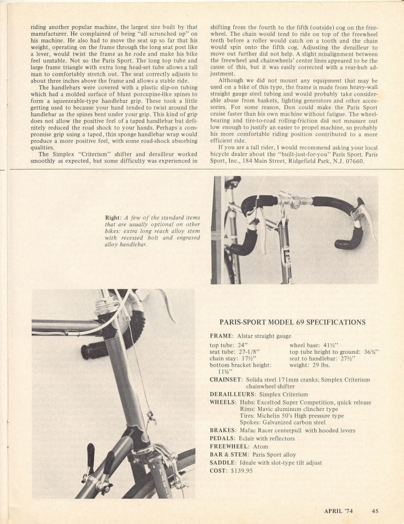 <------ Bicycling Magazine 04-1974 ------> Paris Sport Model 69