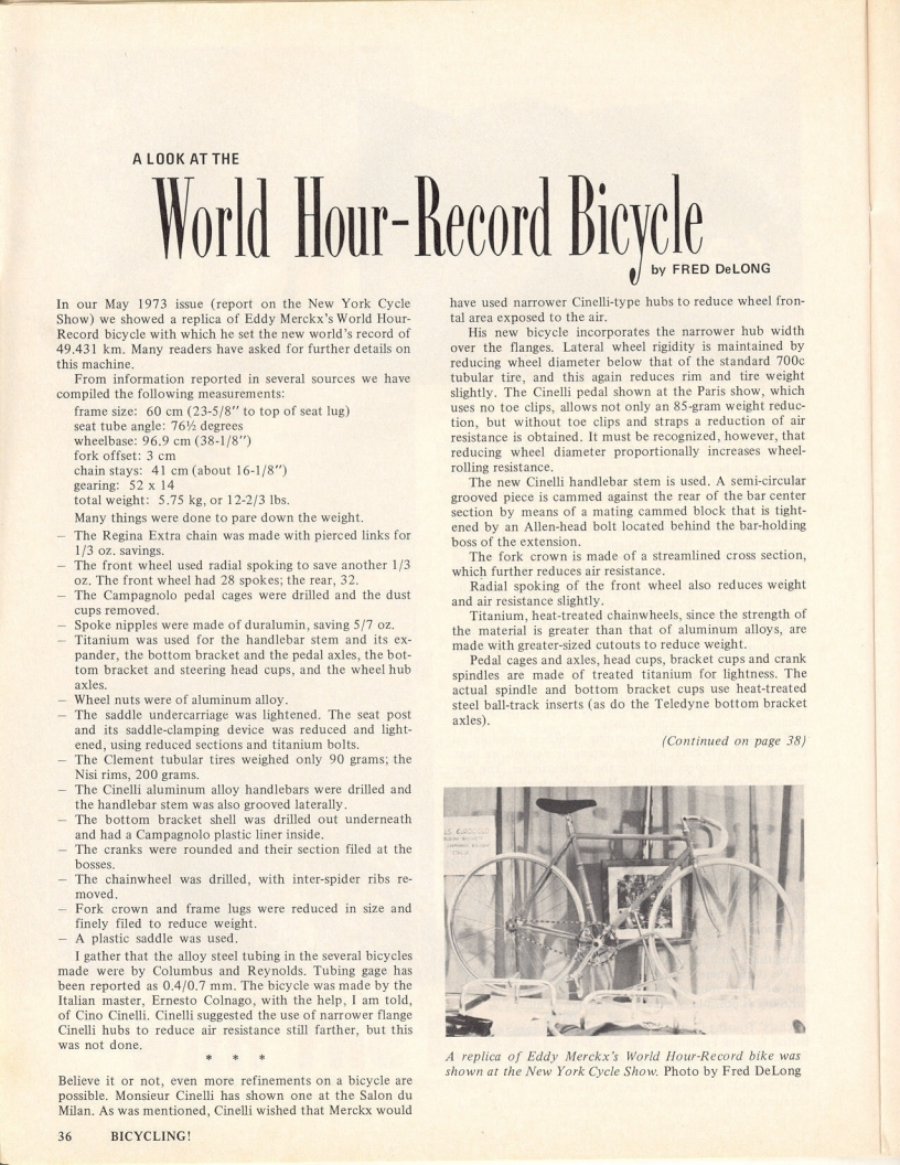 <------ Bicycling Magazine 07-1974 ------> Merckx Hour Record Colnago