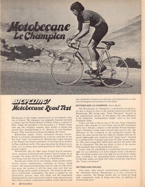 <------ Bicycling Magazine 09-1975 ------> Motobecane Le Champion / Mirage