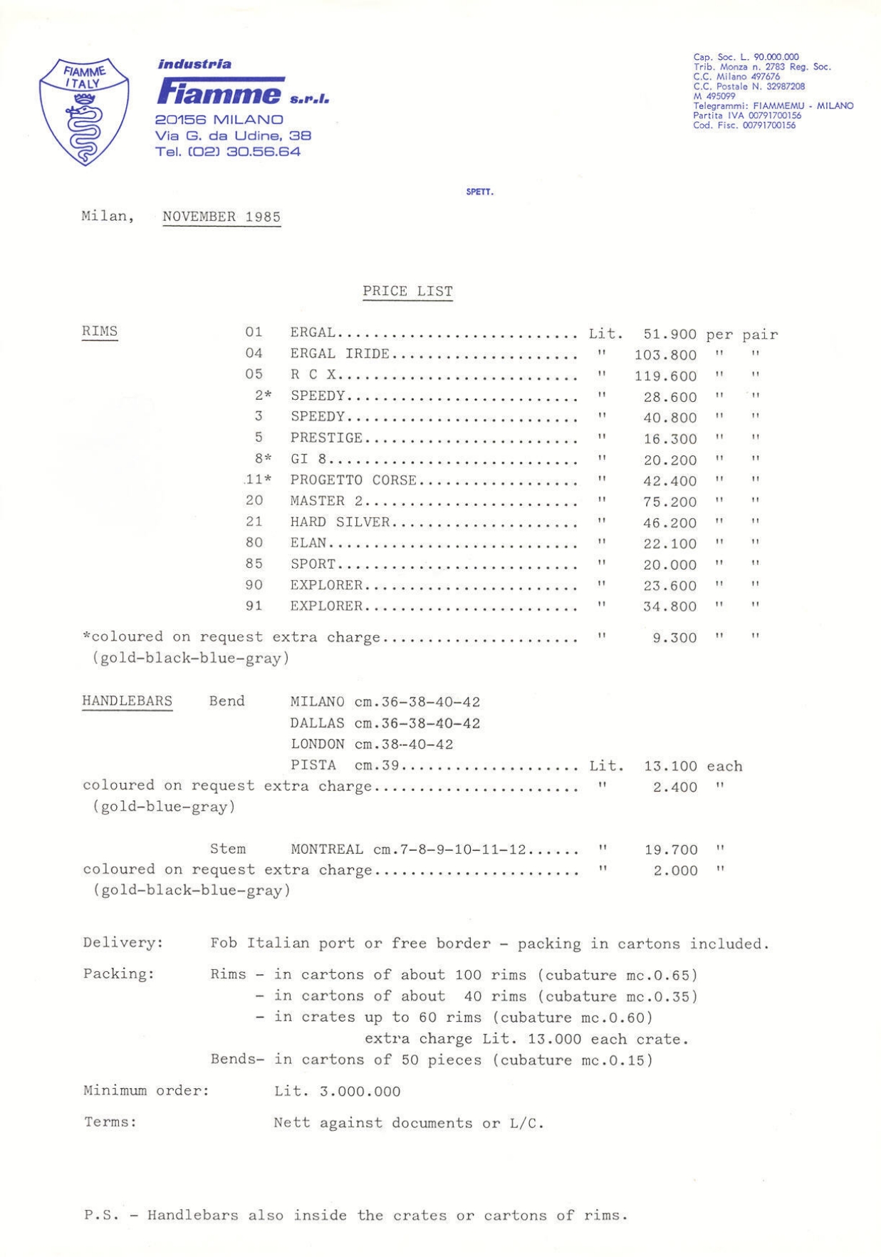 Fiamme price list (11-1985)