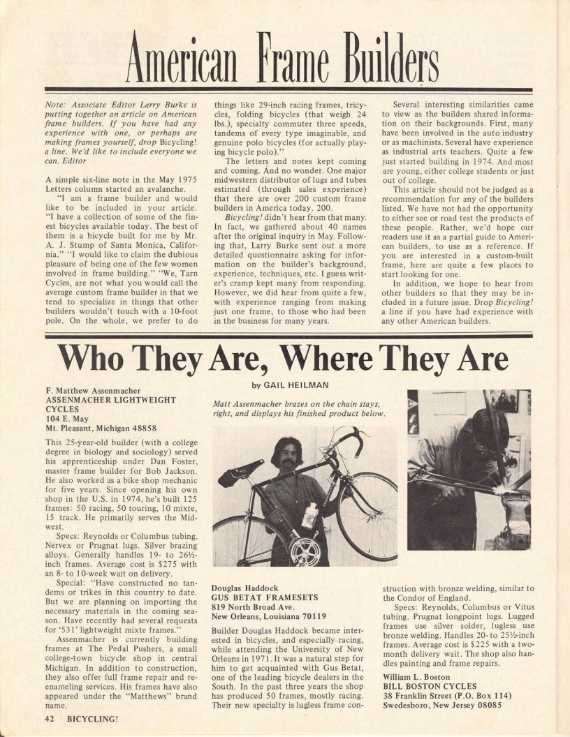 <------ Bicycling Magazine 11-1975 ------> American Frame Builders