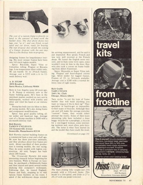 <------ Bicycling Magazine 11-1975 ------> American Frame Builders