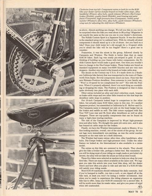 <------ Bicycling Magazine 05-1976 ------> A Shopping Guide To $130 Bicycles