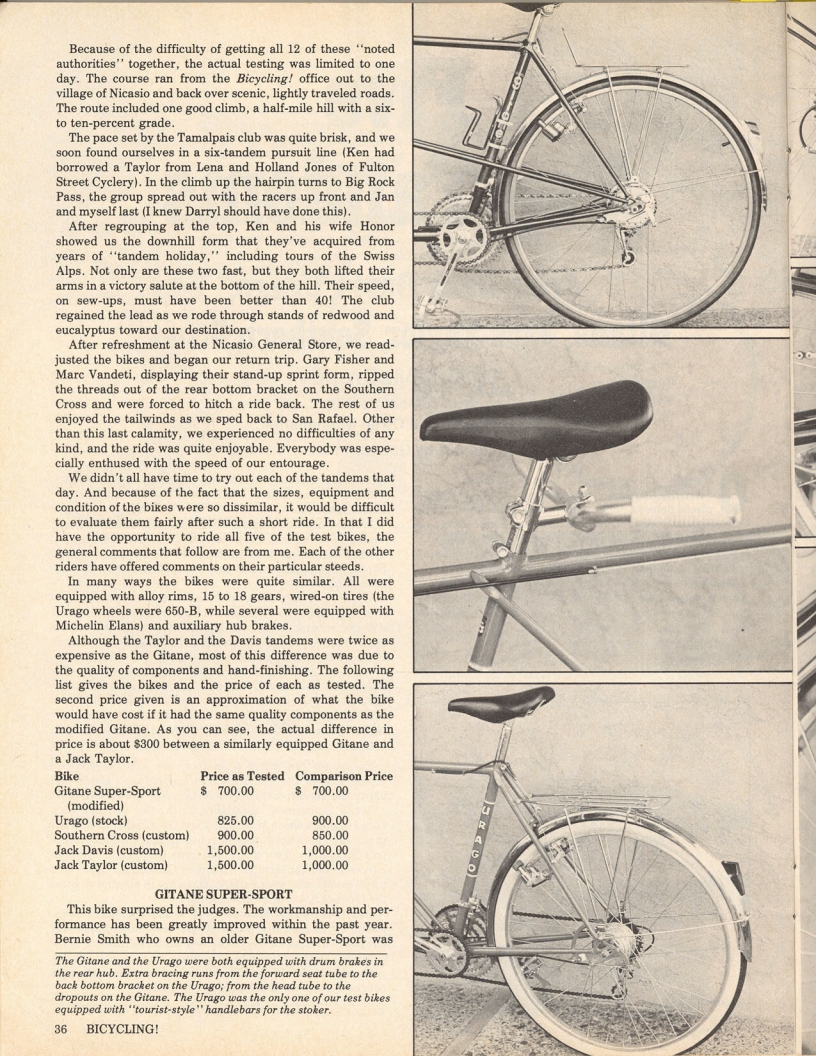 <------ Bicycling Magazine 08-1976 ------> Top 5 Tandems - Jack Davis / Urago / Gitane / Jack Taylor / Southern Cross