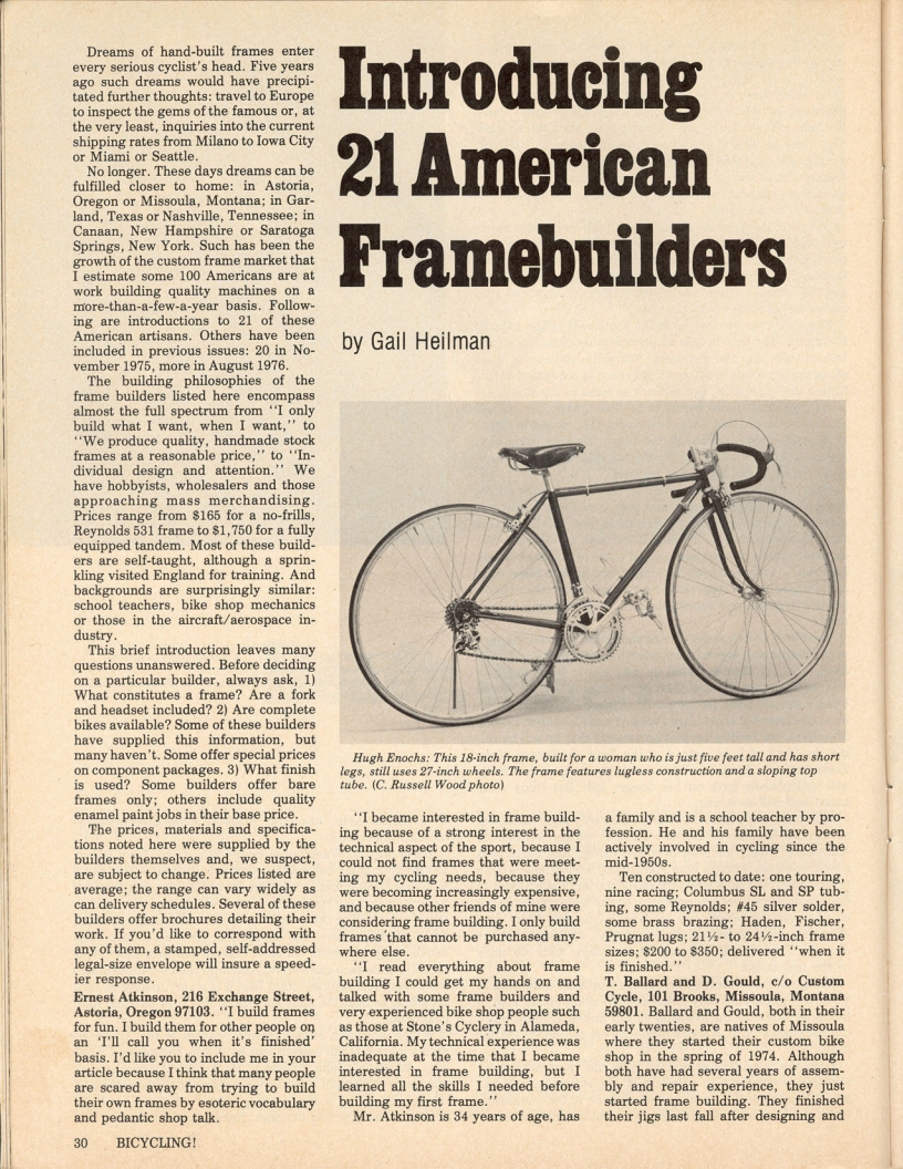 <------ Bicycling Magazine 05-1977 ------> 21 American Frame Builders