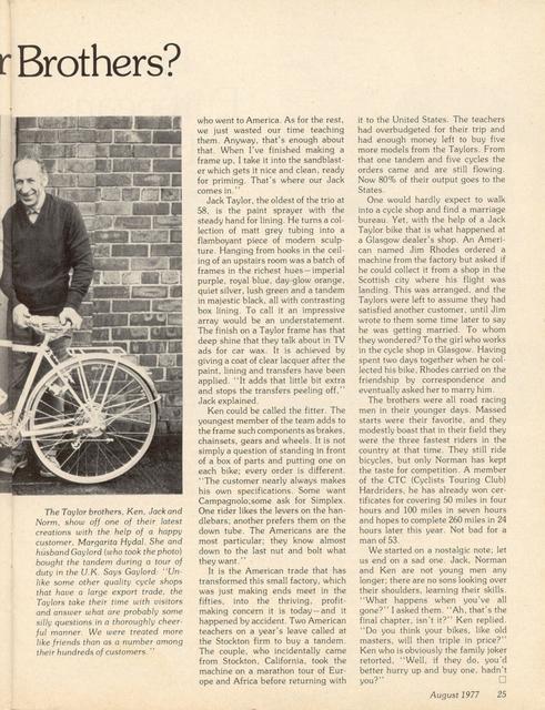 <------ Bicycling Magazine 08-1977 ------> Jack Taylor Cycles