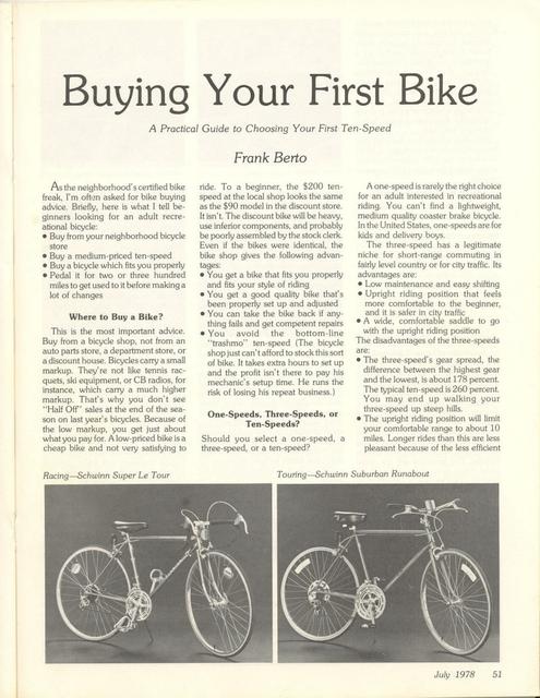 <------ Bicycling Magazine 07-1978 ------> First Time Bicycle Buyers Guide