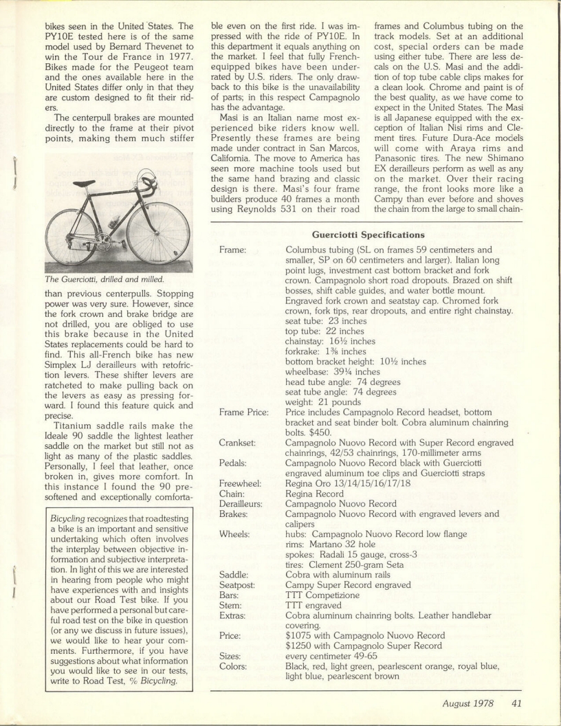 <------ Bicycling Magazine 08-1978 ------> Peugeot PY-10E / Guerciotti / Masi EX