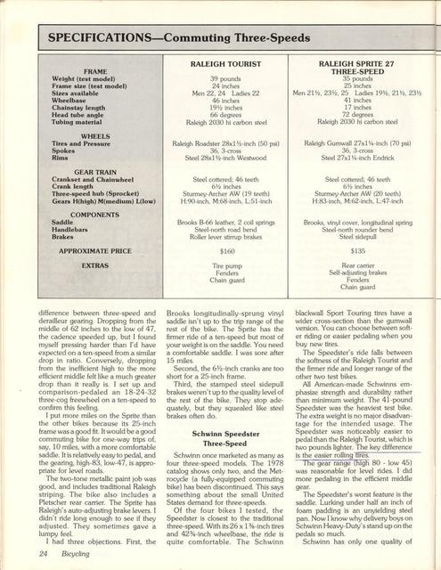 <------ Bicycling Magazine 09-1978 ------> 3 Speed Bikes - Raleigh Tourist / Sprite 27 / Schwinn Speedster / Univega Tri