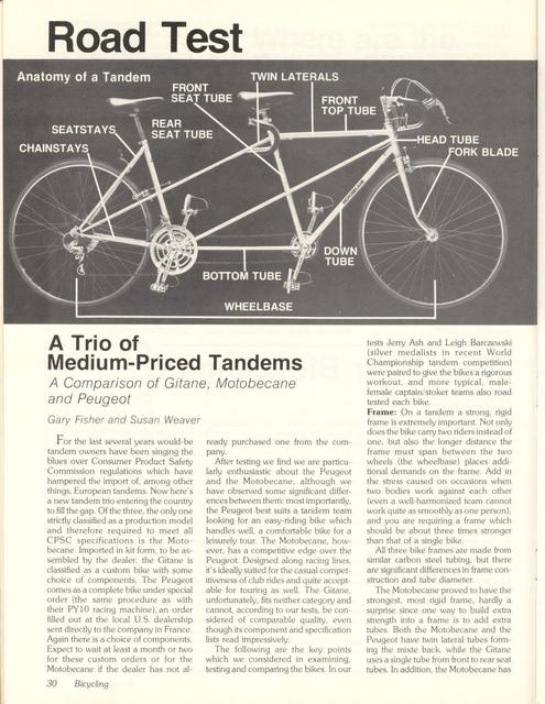 <------ Bicycling Magazine 11-1978 ------> A Trio of Tandems - Gitane / Motobecane / Peugeot