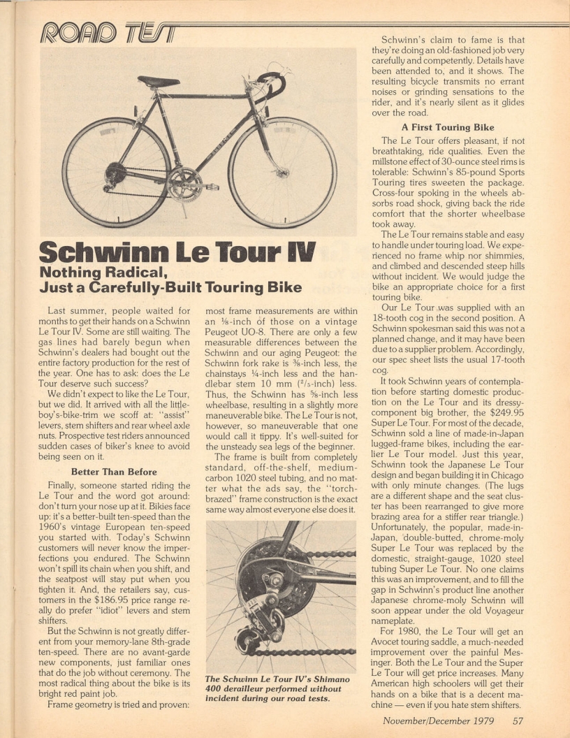 <------ Bicycling Magazine 11-1979 ------> Schwinn Le Tour IV