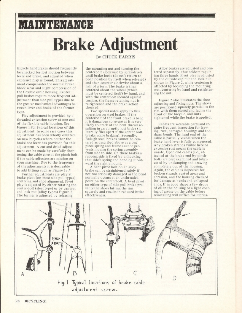 <------ Bicycling Magazine 09-1970 ------> Brake Adjustment