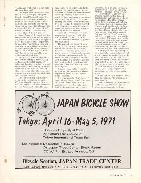 <------ Bicycling Magazine 11-1970 ------> The Custom Bicycle - Part 1 - Frameset