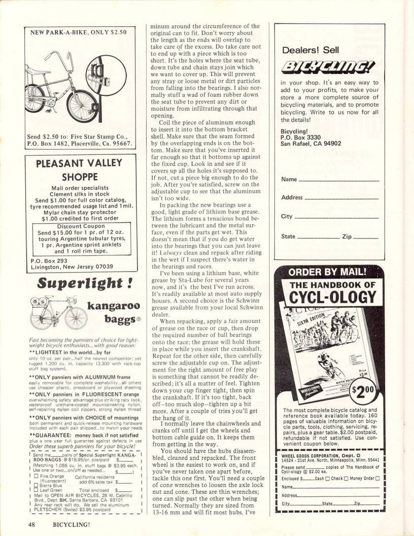 <------ Bicycling Magazine 01-1974 ------> Reconditioning A Bike - Part 4