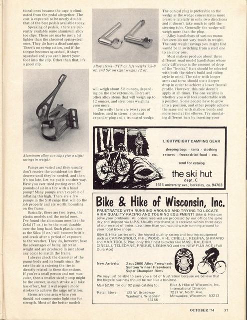 <------ Bicycling Magazine 10-1974 ------> Lightening Your Bike - Part 7