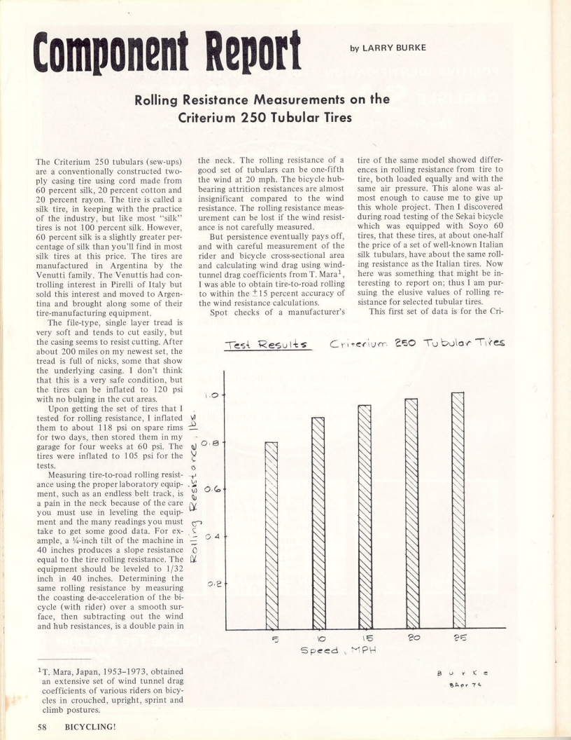 <------ Bicycling Magazine 06-1974 ------> Rolling Resistance On Criterium 250 Tubulars