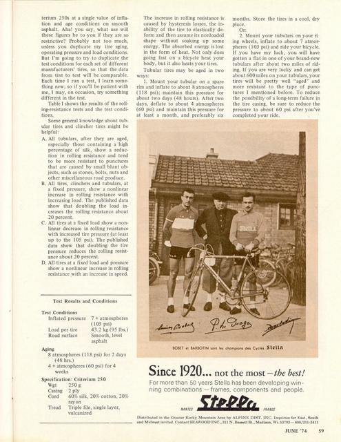 <------ Bicycling Magazine 06-1974 ------> Rolling Resistance On Criterium 250 Tubulars