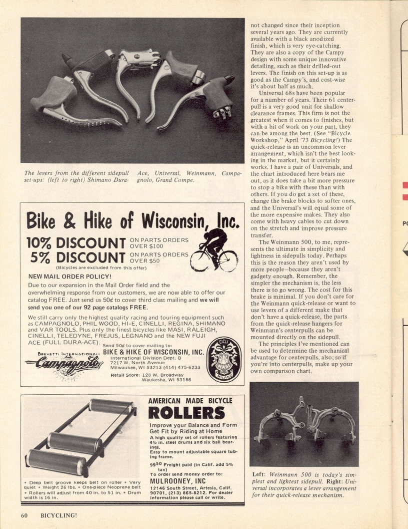 <------ Bicycling Magazine 12-1974 ------> Sidepull Brake Synopsis