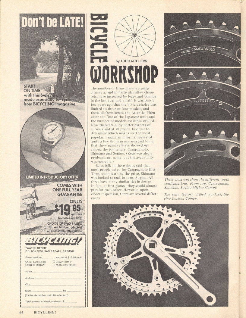 <------ Bicycling Magazine 02-1975 ------> Crankset And Chain Ring Developments