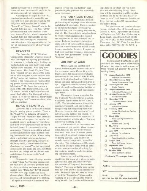 <---------- Bike World 03-1975 ----------> Technical Notes - Frameset Materials / Ergal / Titanium / Headsets