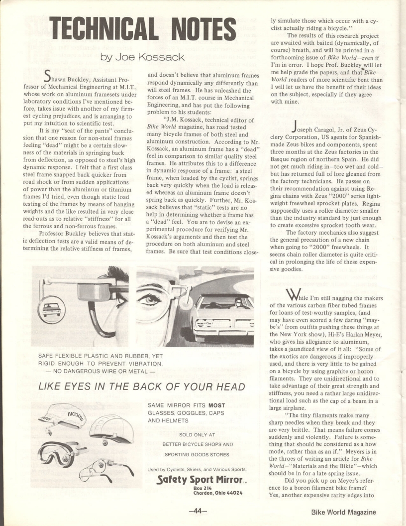 <---------- Bike World 05-1975 ----------> Technical Notes - Aluminum Frames / Zeus 2000 / Speedwell