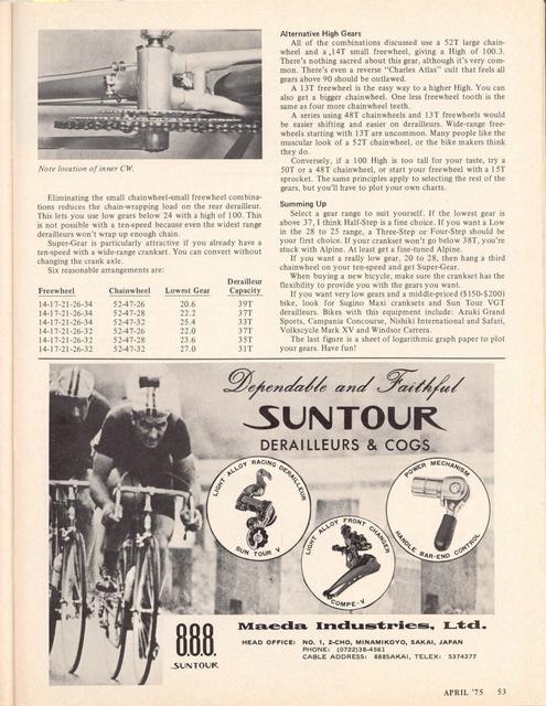 <------ Bicycling Magazine 04-1975 ------> Knowing Your Drivetrain - Part 2 - Choosing Gears That Suit You