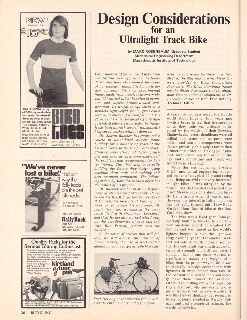 <------ Bicycling Magazine 05-1975 ------> Design Considerations For An Ultralight Track Bike