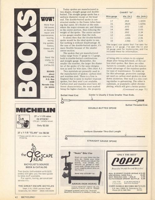 <------ Bicycling Magazine 10-1975 ------> Step By Step Wheels - Part 1 - Spokes