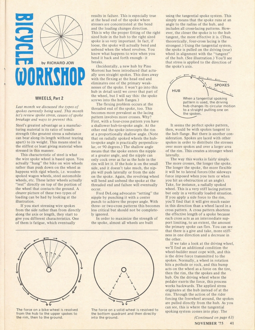 <------ Bicycling Magazine 11-1975 ------> Step By Step Wheels - Part 2 - Spoke Stress