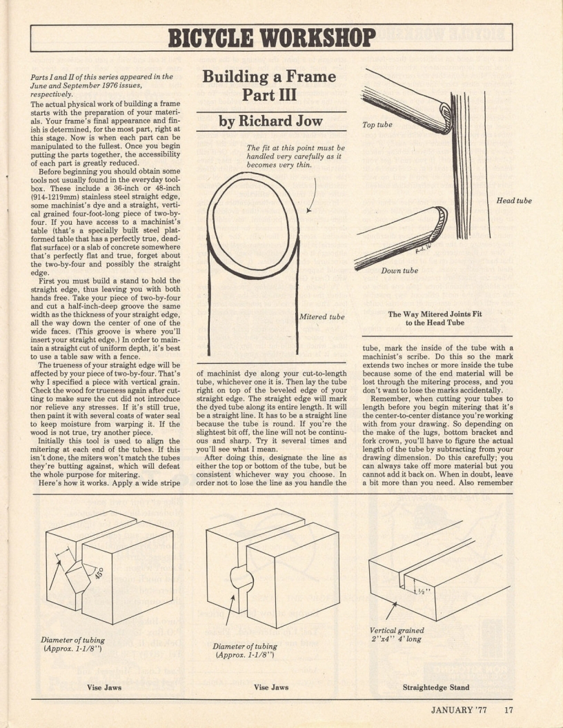 <------ Bicycling Magazine 01-1977 ------> Building A Frame - Part 3