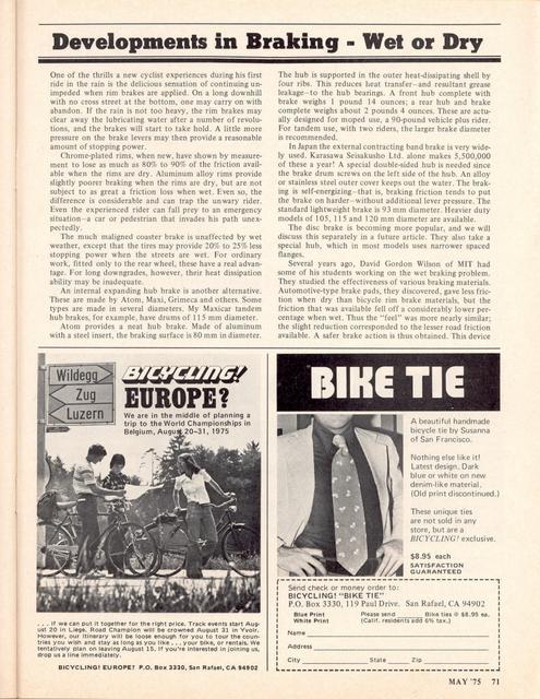 <------- Bicycling Magazine 05-1975 -------> Developments In Braking - Wet Or Dry