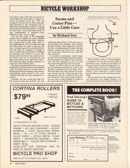 <------ Bicycling Magazine 12-1976 ------> Stems And Cotter Pins