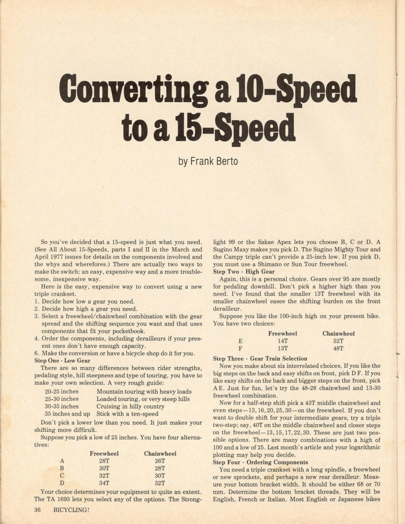 <------ Bicycling Magazine 05-1977 ------> All About 15 Speeds - Part 3 - Converting From 10 To 15 Speeds