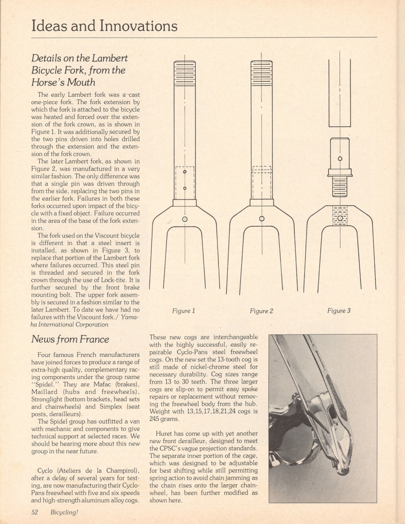 <----- Bicycling Magazine 10-1977 -----> Details On The Lambert Bicycle Fork