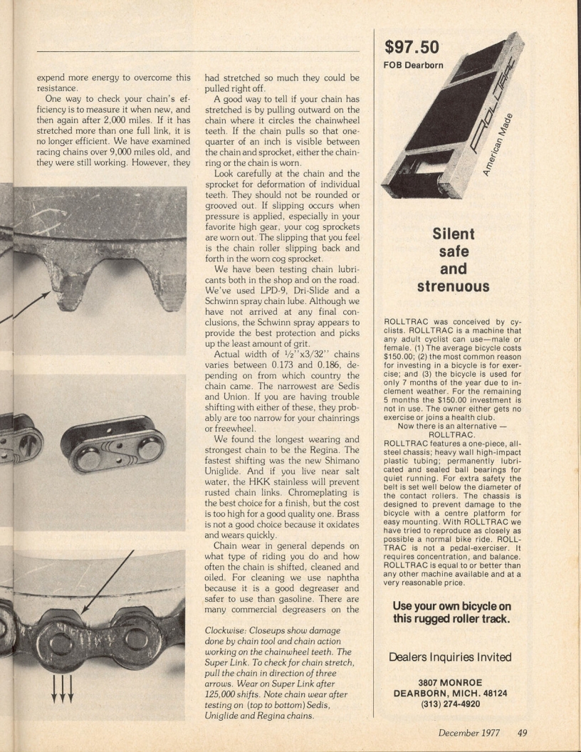 <------ Bicycling Magazine 12-1977 ------> Thoughts On Chains