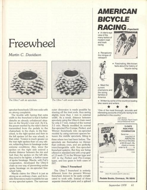 <------ Bicycling Magazine 09-1978 ------> Competition Inspires Seven Speed Sprocket