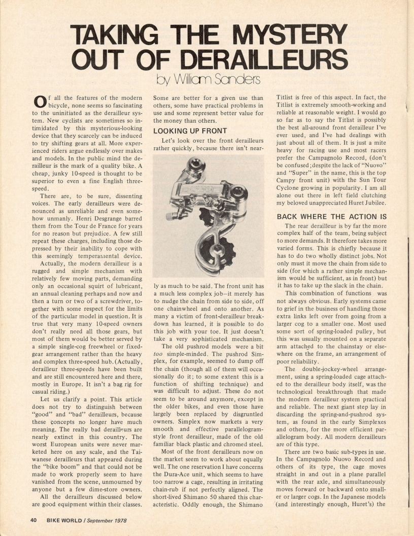 <---------- Bike World 09-1978 ----------> Taking The Mystery Out Of Derailleurs