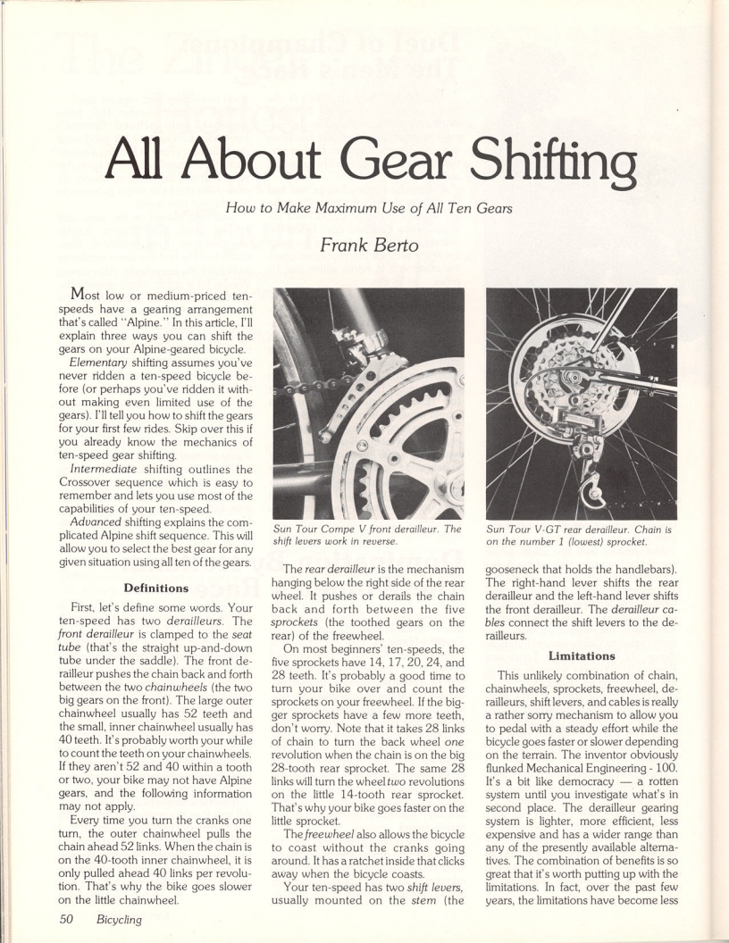 <------ Bicycling Magazine 10-1978 ------> All About Gear Shifting