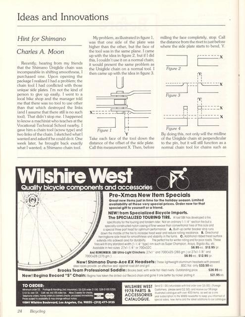 <------ Bicycling Magazine 11-1978 ------> Hints For The Shimano Uniglide Chain