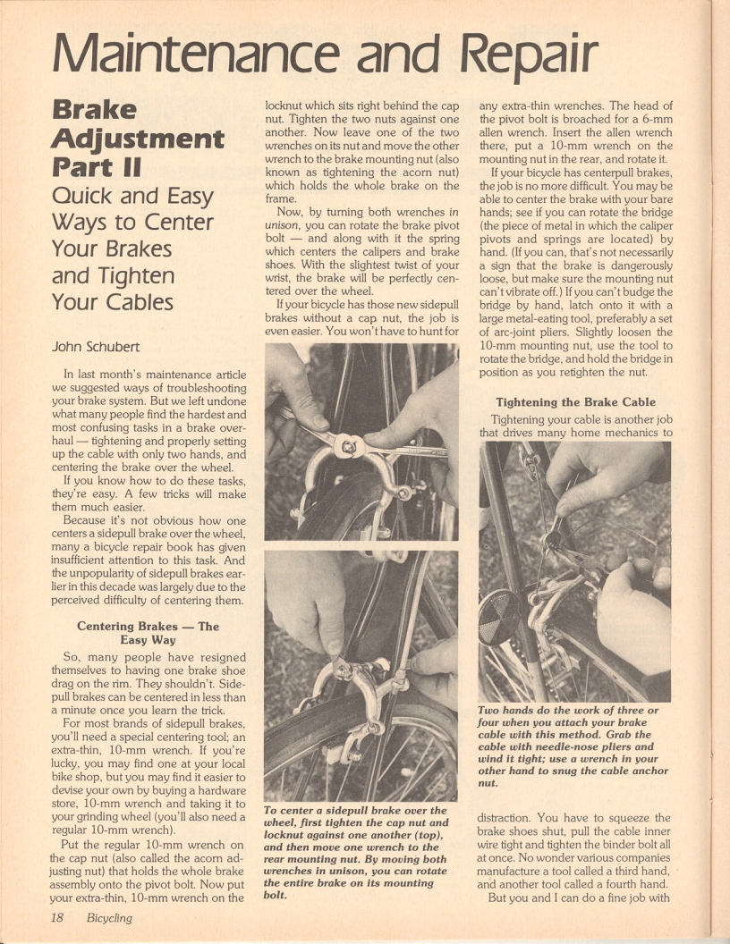 <------ Bicycling Magazine 07-1979 ------> Brake Adjustment - Part 2