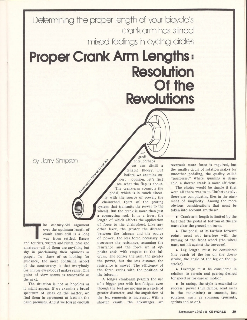 <---------- Bike World 09-1979 ----------> Proper Crank Arm Lengths - Resolution Of The Revolutions