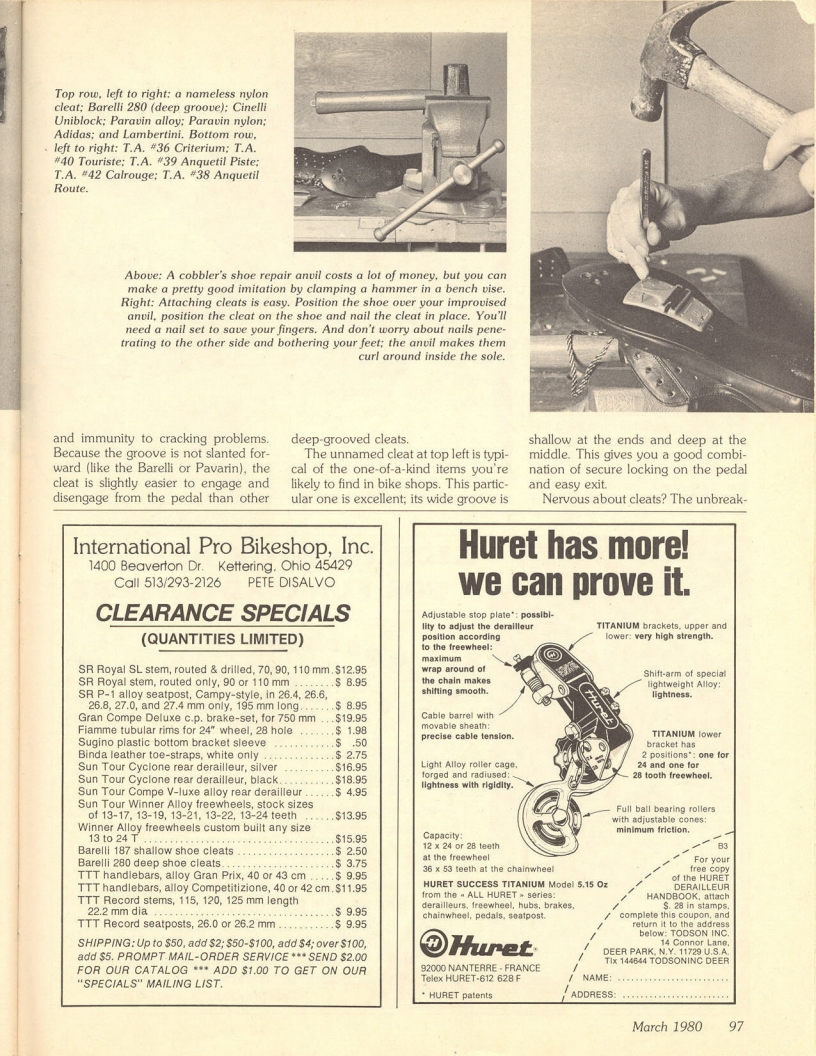 <------ Bicycling Magazine 03-1980 ------> Selecting, Placing, And Installing Cleats