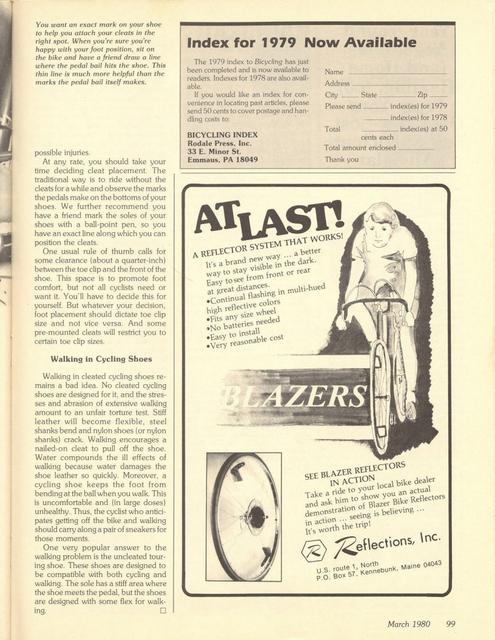 <------ Bicycling Magazine 03-1980 ------> Selecting, Placing, And Installing Cleats